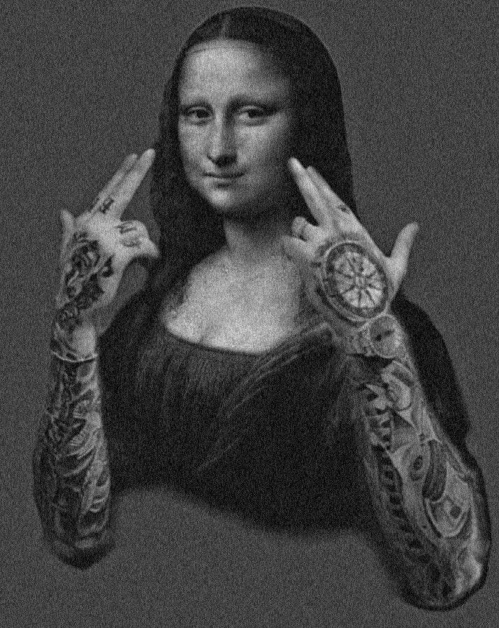 This may contain: a woman with tattoos holding her hands up in the air