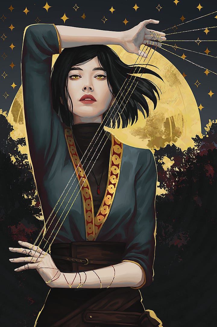 Two illustrations meant to look like "taro" cards from the Witchlands. One is of Safi looking cheeky and holding a knife. Behind her, the sun shines and a banner of maroon flaps. She wears her ruby Threadstone. The other illustration shows Iseult looking serious and stretching Threads between her fingers. Behind her, the moon shines and stars fill a night sky.