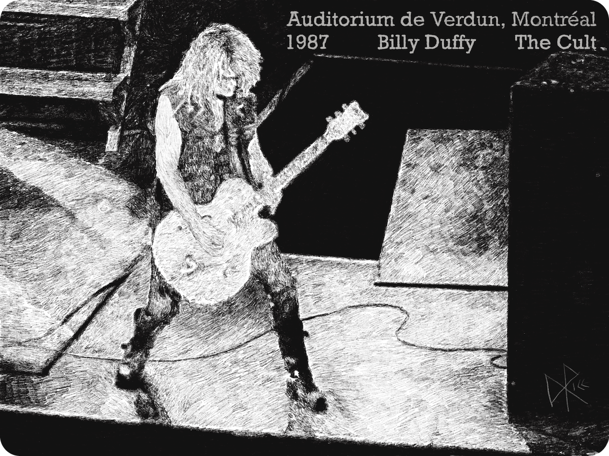 Billy Duffy stands on a stage during a concert, playing his Gretsch guitar. Sketch art by Don Rice. Billy Duffy stands on a stage during a concert, playing his Gretsch guitar. Sketch art by Don Rice.