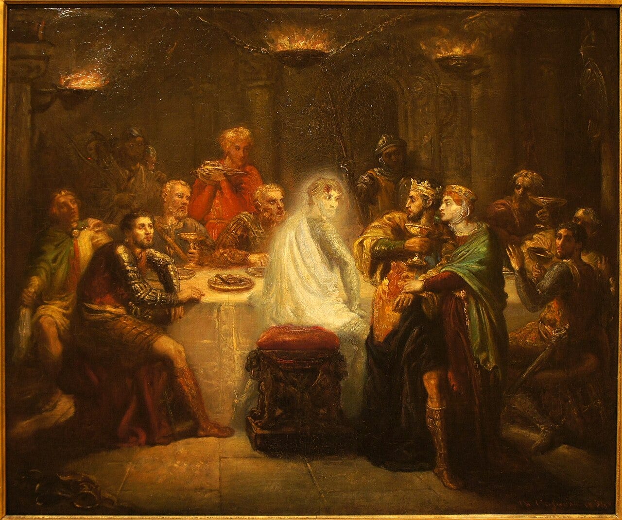 Macbeth recoiling from a ghost only he can see Macbeth recoiling from a ghost only he can see