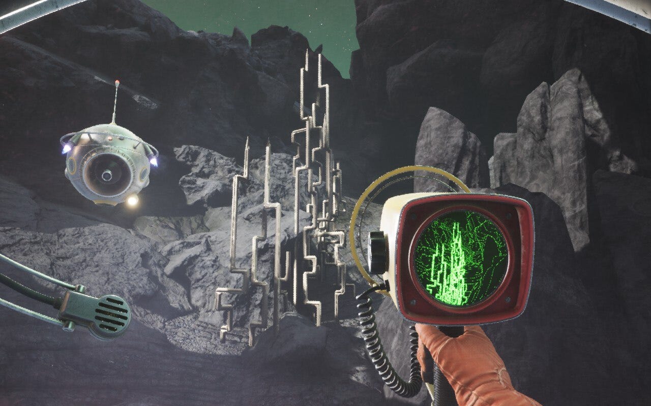 A handheld screen points at a metal structure, showing the metal highlighted in green