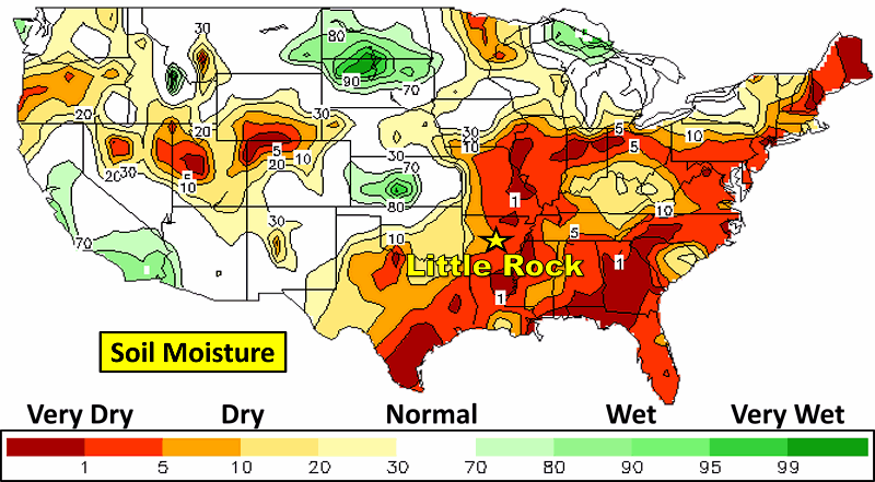 Soil moisture was well below normal (very dry) in the central Rockies, and from the southern Plains to the mid-Mississippi and Ohio Valleys eastward on February 18, 2026.