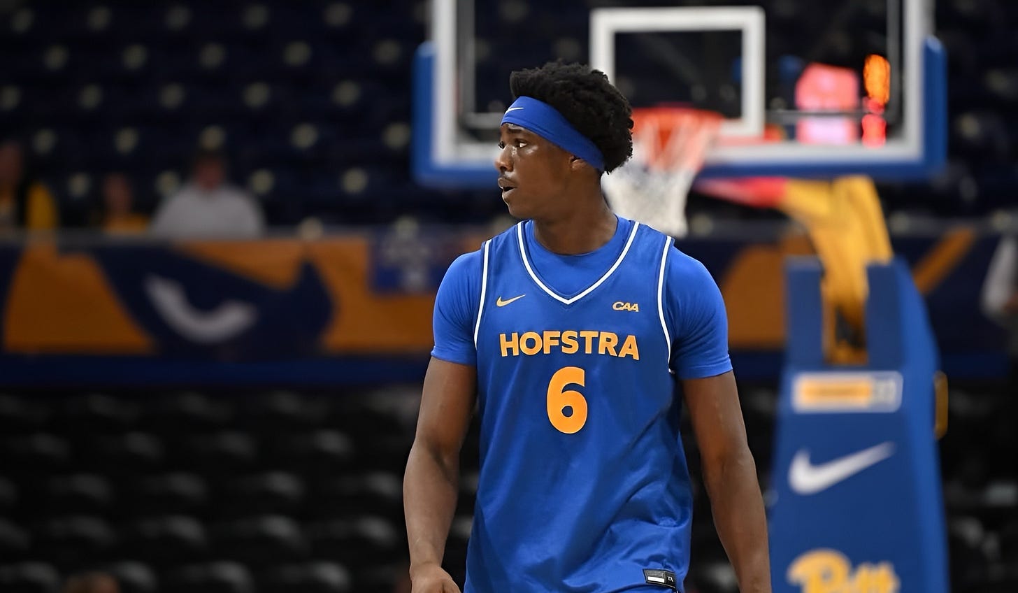 Victory Onuetu, Hofstra forward, during game action. Photo credit: Hofstra Athletics.