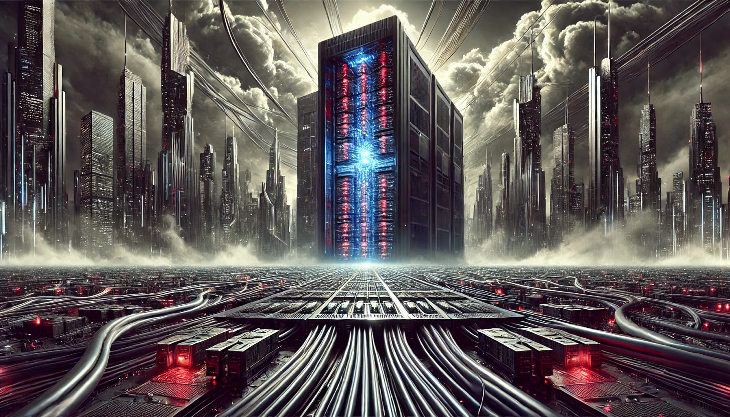 A dramatic and ominous scene featuring a massive mainframe computer in the foreground, its design futuristic and intricate, glowing with red and blue lights. Behind it is a sprawling futuristic city with towering skyscrapers illuminated by neon lights. The sky is filled with heavy, dark clouds, creating a foreboding and dramatic atmosphere. The overall scene combines a sense of advanced technology and looming danger, with details of cables and circuitry intertwining around the mainframe and blending into the urban environment. The wide composition emphasizes the scale and grandeur of the setting.