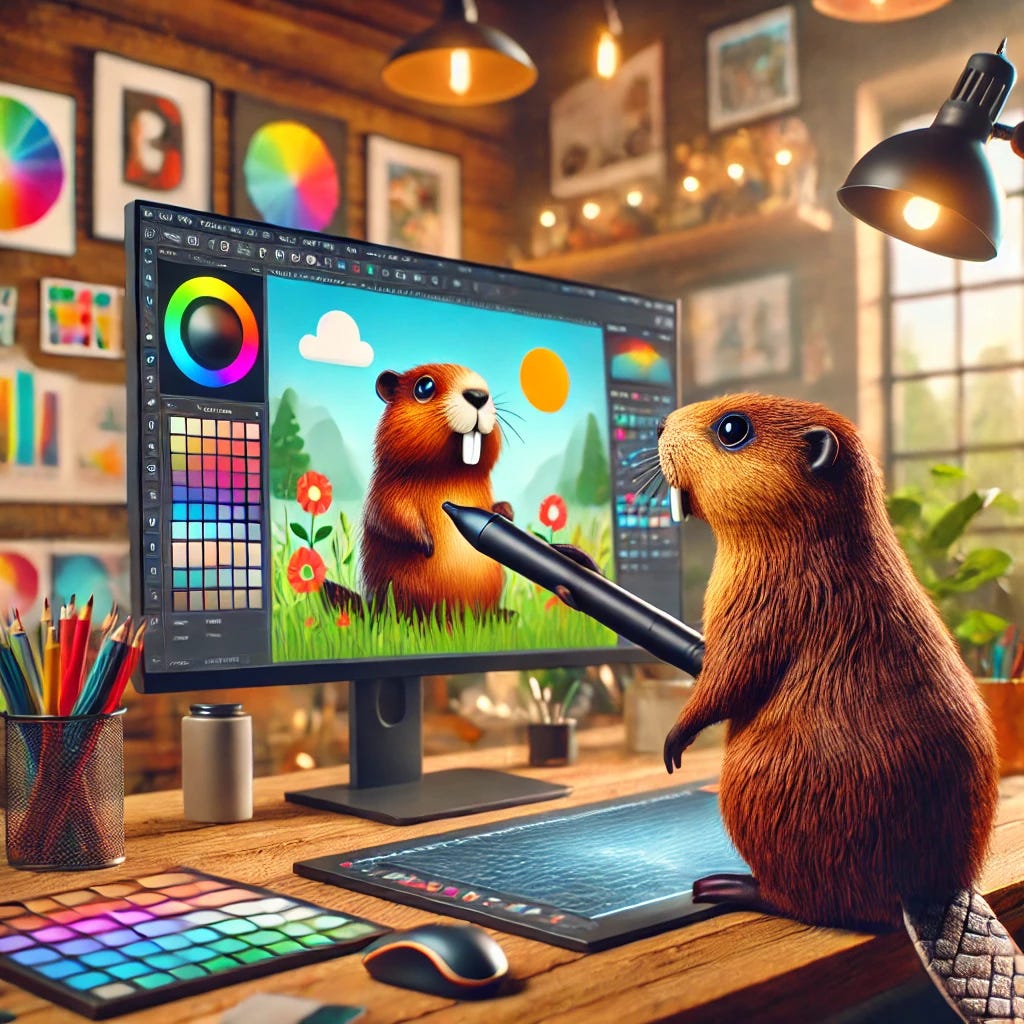 A creative beaver using a digital pen and large screen to design graphics in Gimp 3.0. The beaver is surrounded by digital art, color palettes, and design tools in a modern creative workspace. The atmosphere is vibrant and artistic, showing the evolution of the tool.