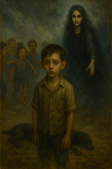 A painting of a child kneeling in front of a group of children

AI-generated content may be incorrect.