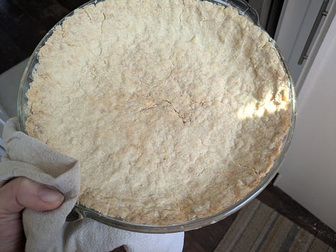 Ingredients for crust before mixing, on pressing in, and after baking.