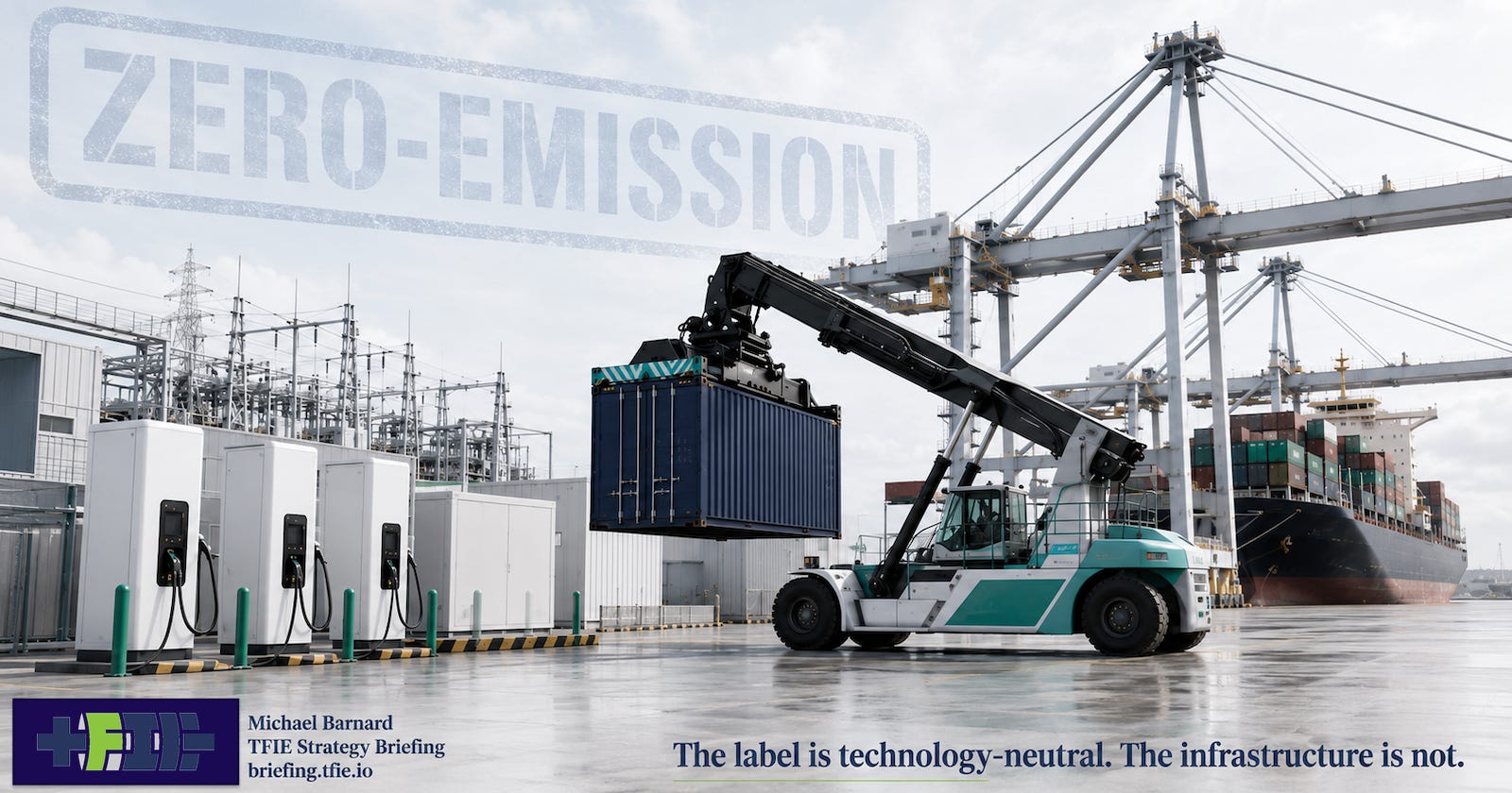 Port terminal graphic showing zero-emission language above electric chargers and cargo-handling equipment.