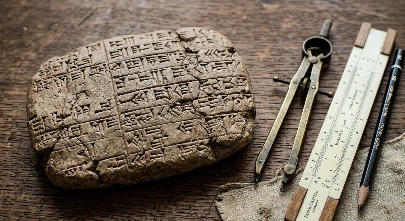 A close-up, high-angle photograph of an ancient, weathered clay tablet covered in linear incised symbols resting on a dark wooden surface next to vintage 1950s architectural drafting tools (such as a brass compass and a slide rule). A close-up, high-angle photograph of an ancient, weathered clay tablet covered in linear incised symbols resting on a dark wooden surface next to vintage 1950s architectural drafting tools (such as a brass compass and a slide rule).