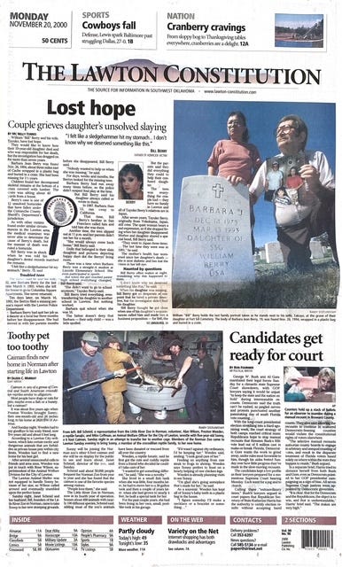 Forgotten Souls series’ second installment as published by The Lawton Constitution on Nov. 20-21,2000 shedding light on two unsolved homicides in Comanche County. Each story was published on the front page and with a picture showing the victims’ relatives Mc Nelly Torres interviewed and the particular issues with that case. Click on each picture to see the full page. (Mc Nelly Torres | Don’t Forget My Voice)