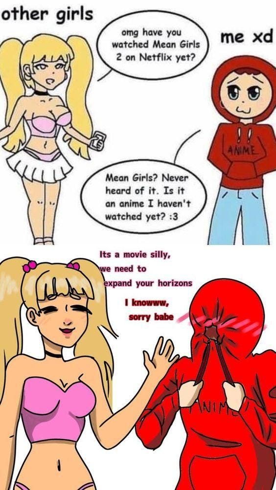 This may contain: two cartoon girls with different facial expressions, one in red and the other in pink