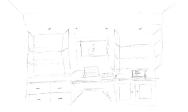 Four images showing the progression of a built-in desk and shelving design: a rough pencil sketch, a detailed line drawing with dimensions, a 3D rendering in white with measurements, and a final rendering in blue with a walnut desktop.