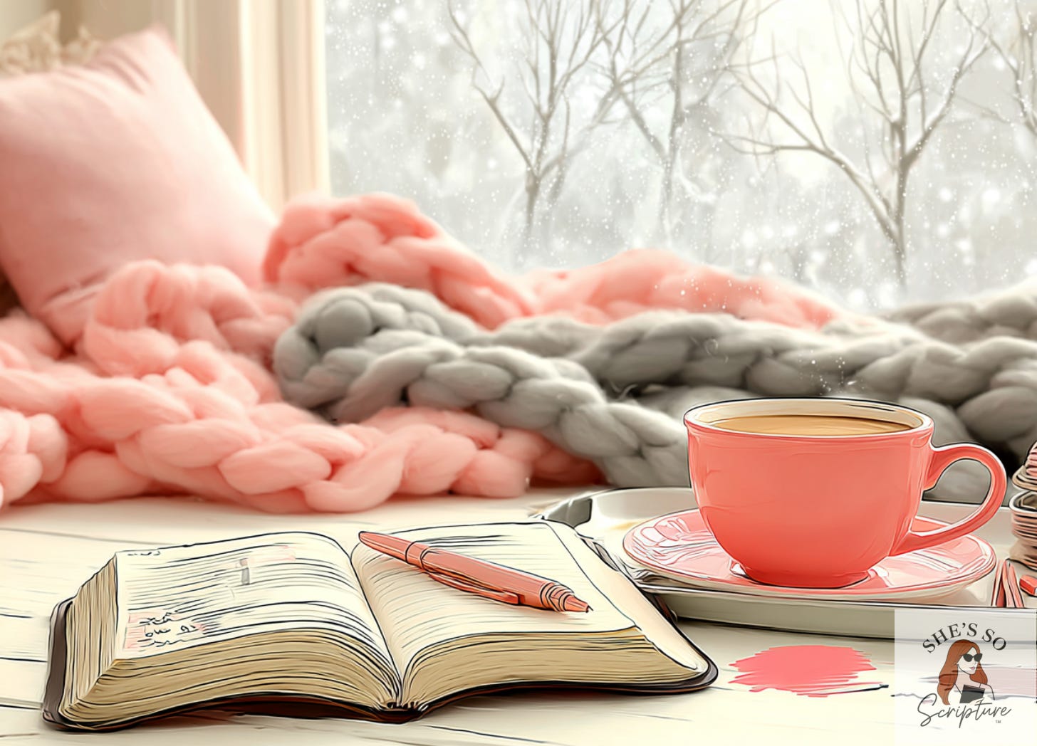 A Bible open on a bed next to a cup of coffee A Bible open on a bed next to a cup of coffee