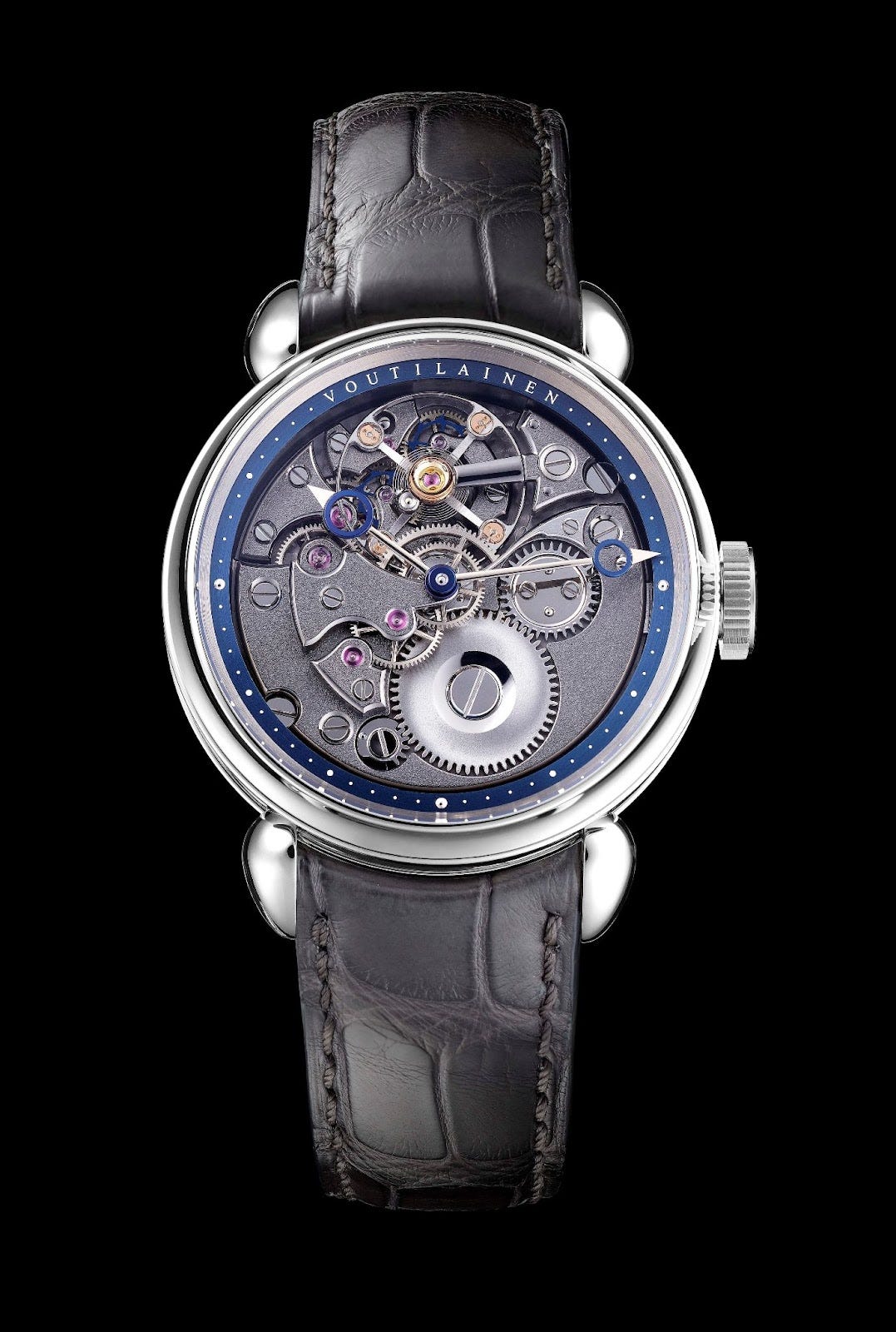 Intricate watch with dual escapement wheels and a direct impulse mechanism, featuring an inverted movement and hand-polished mechanics