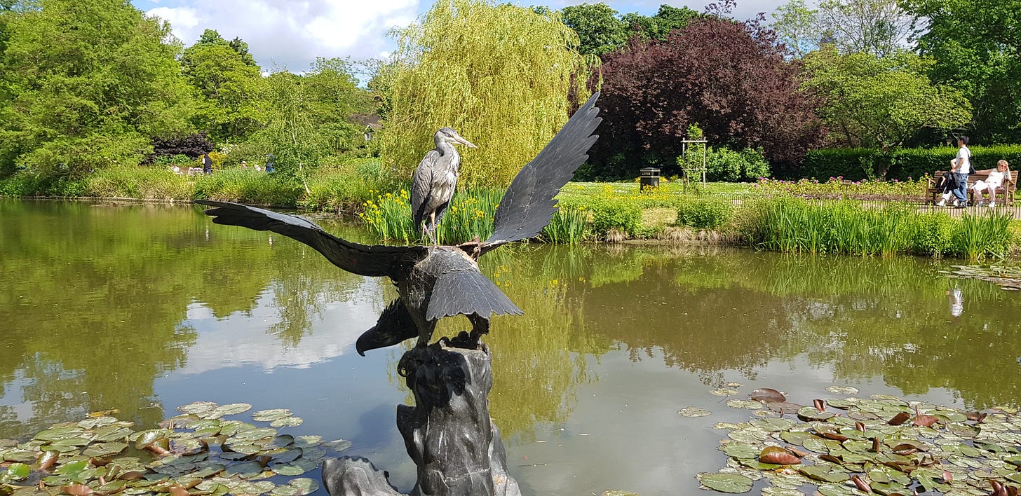 Grey heron on bird statue on lake
