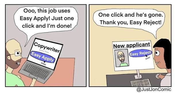 This is the job applicant version of that comic where someone uses AI to  turn bullet points into a full length email and the recipient uses AI to  turn the email into