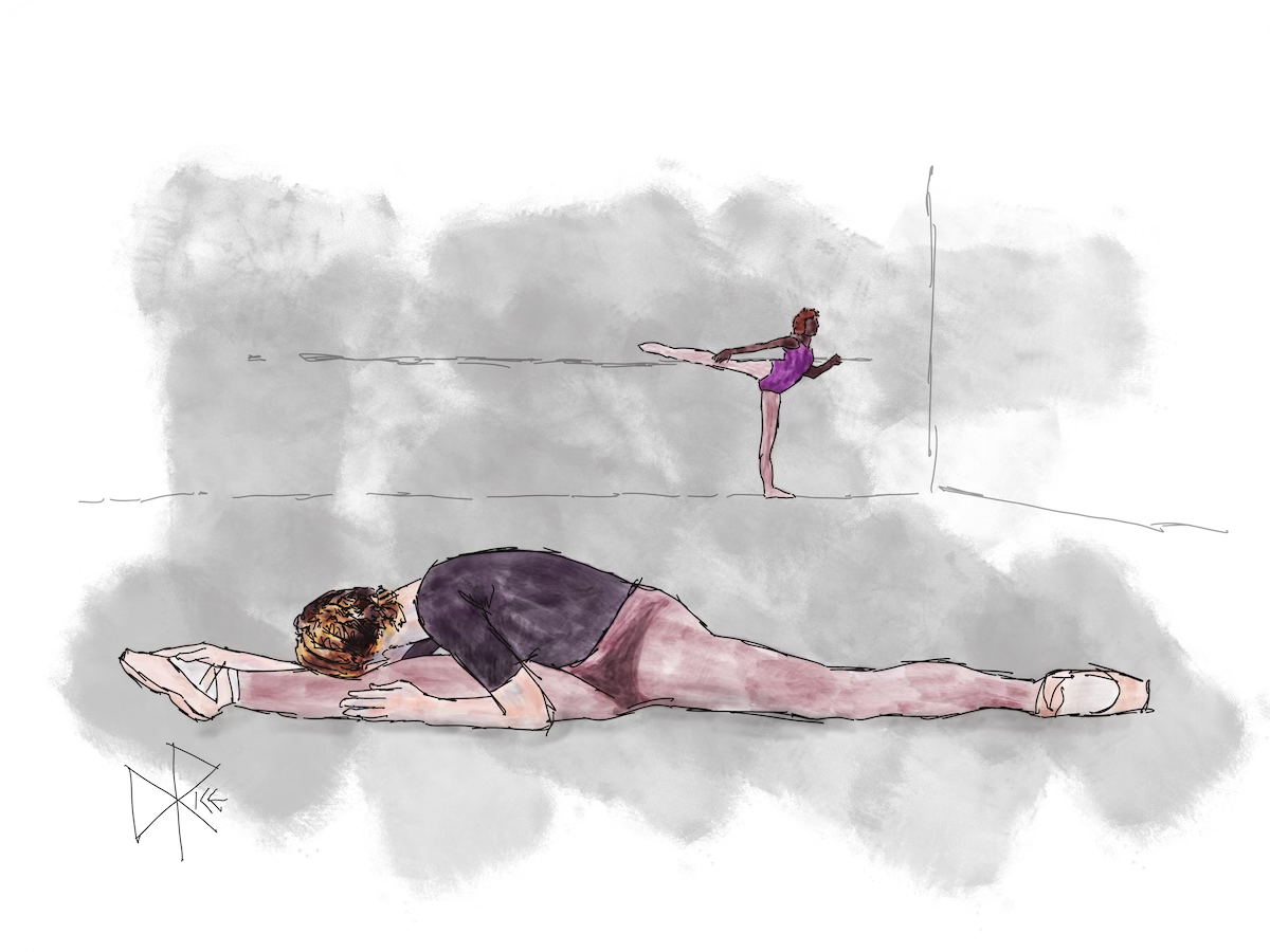 Two young ballet students stretching in a dance studio. Sketch art by Don Rice.
