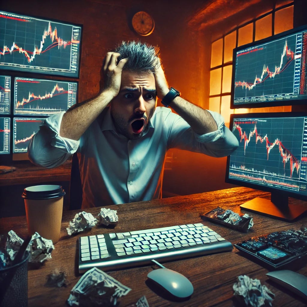 A man sitting at his desk, trading cryptocurrency on multiple computer screens. His face shows shock and despair as he realizes he made a grave mistake. The dimly lit room has a tense atmosphere, with red charts and warning alerts flashing on the screens. His hands are on his head in frustration, and coffee is spilled on the desk.