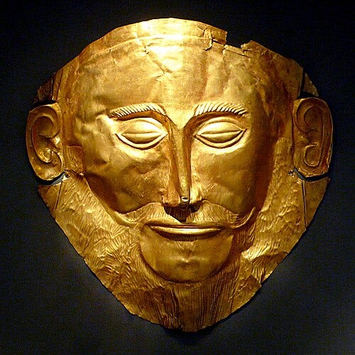 Gold death-mask of a bearded noble man Gold death-mask of a bearded noble man