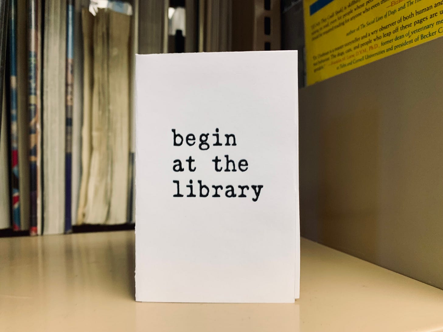 A zine titled Begin at the Library sits on a shelf with a row of books behind it