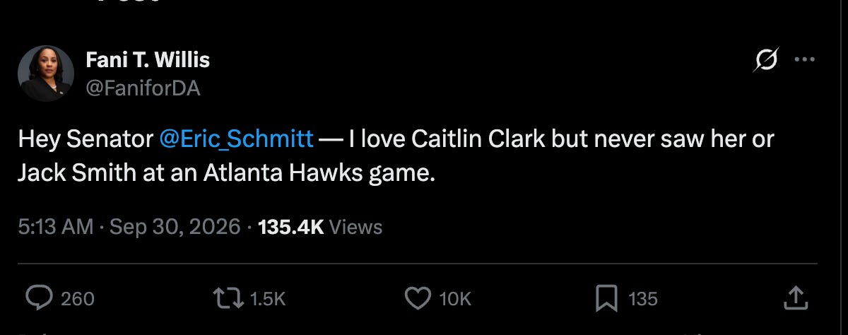 Willis: Hey Senator @Eric_Schmitt — I love Caitlin Clark but never saw her or Jack Smith at an Atlanta Hawks game. Willis: Hey Senator @Eric_Schmitt — I love Caitlin Clark but never saw her or Jack Smith at an Atlanta Hawks game.