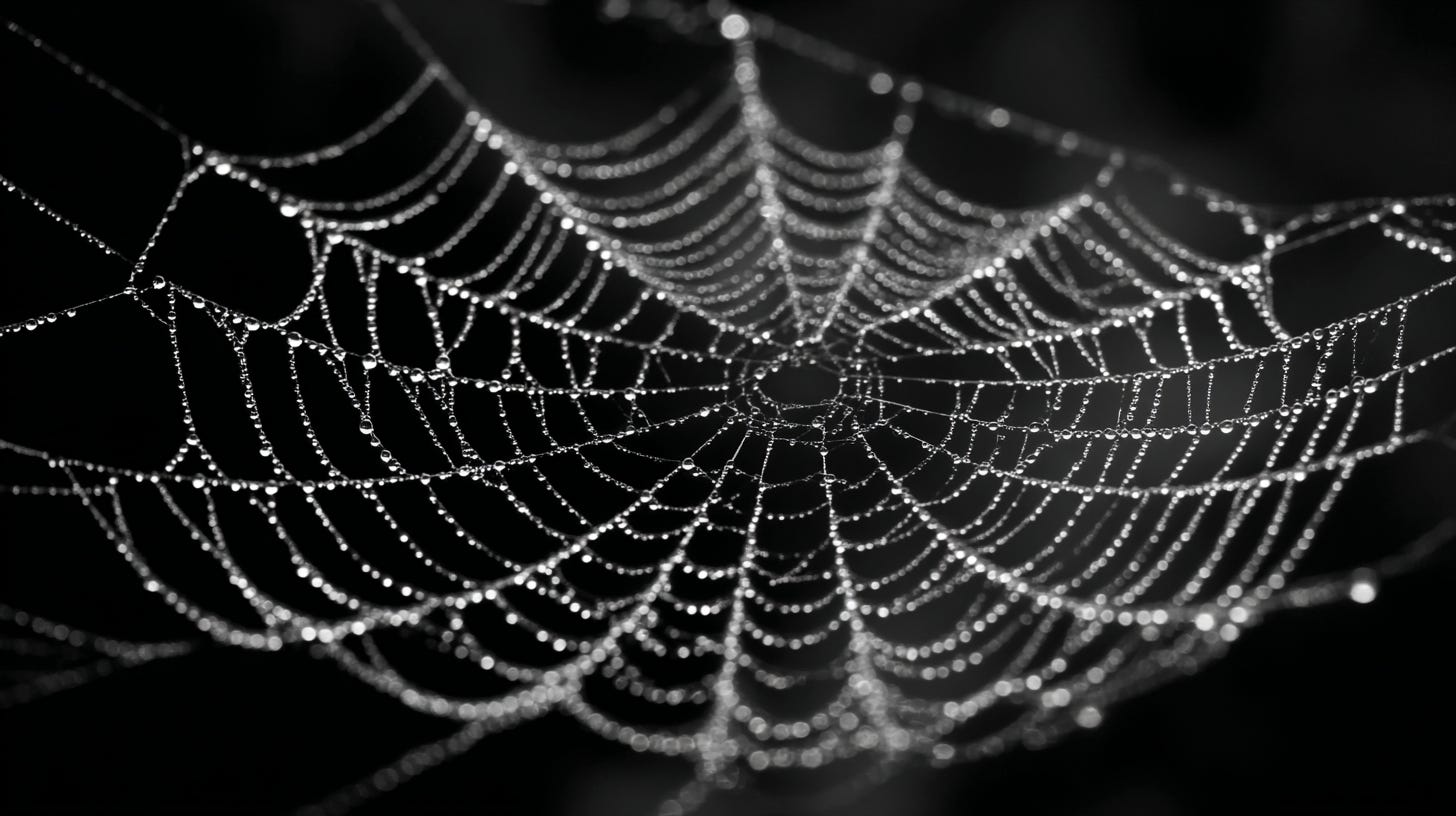 A spiderweb on a black background.