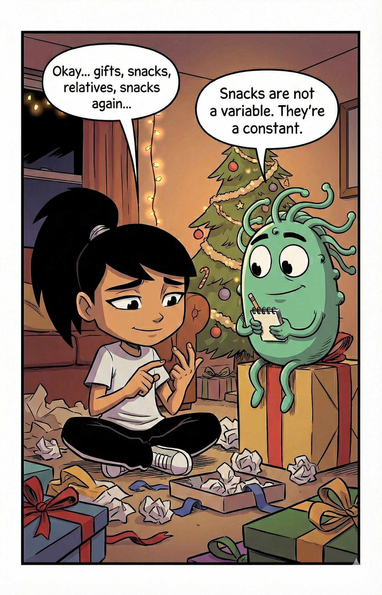 Zara looks stressed counting on her fingers amidst holiday mess, while Omie the green microbe states that snacks are a constant, not a variable.
