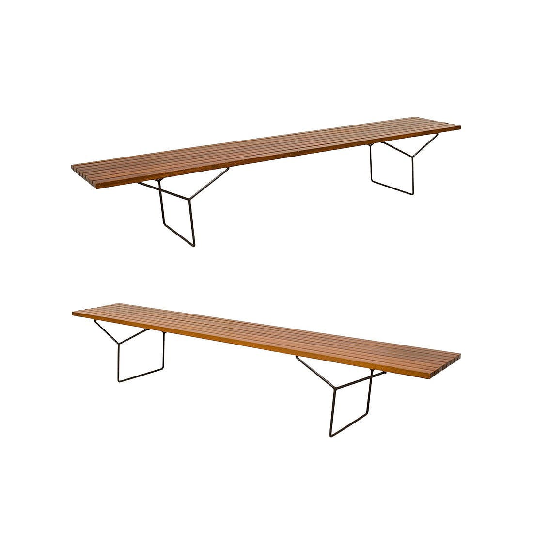 Harry Bertoia for Knoll, Pair of Mid-Century Wooden Slat and Metal Y-Frame Benches