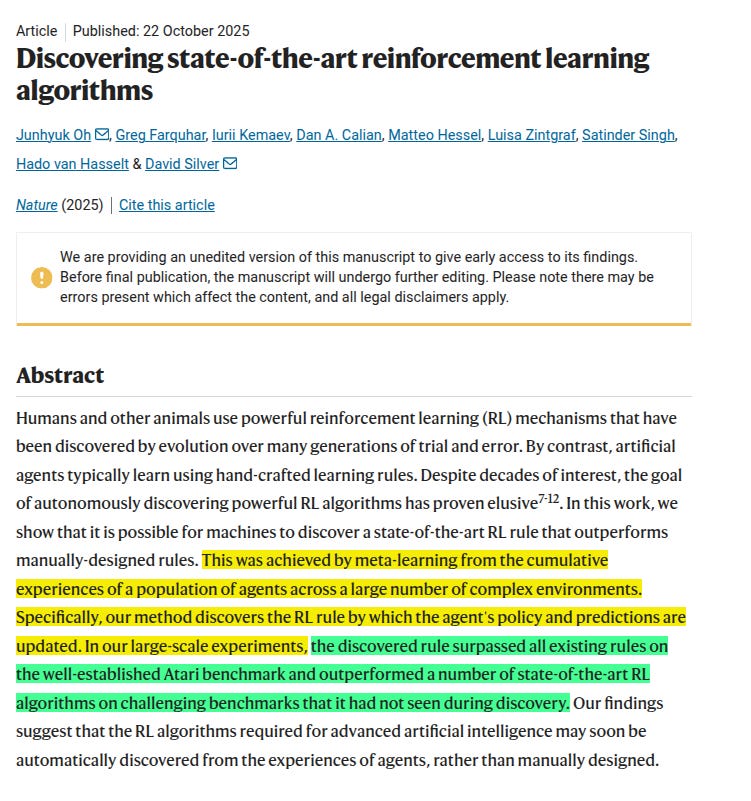 Screenshot of a scientific manuscript abstract page from Nature dated 27 October 2025 titled Discovering state-of-the-art reinforcement learning with authors Junghyo Oh Gefaruk Jurnal Kumar Dan C. Allman Mattew Hosel Luisa Zintgraf Satinder Singh David van Hasselt David Silver. The abstract discusses how humans use powerful RL mechanisms while artificial agents use hand-crafted rules and presents a meta-learned update rule achieving state-of-the-art on Atari with transfer to new benchmarks. Includes a note on preprint status before final publication and applies to legal disclaimers.