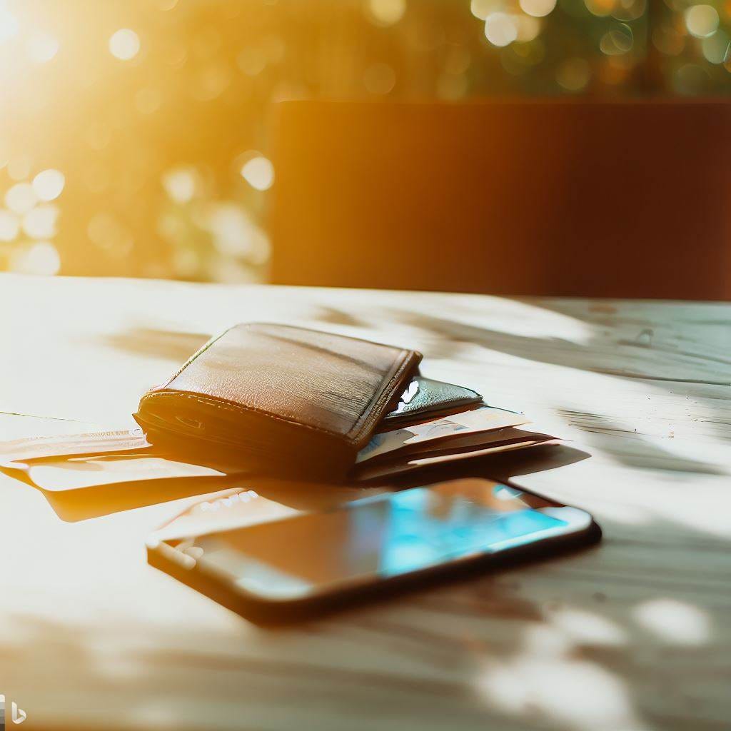 Auf einem Tisch im freien liegen eine Brieftasche und ein Smartphone.