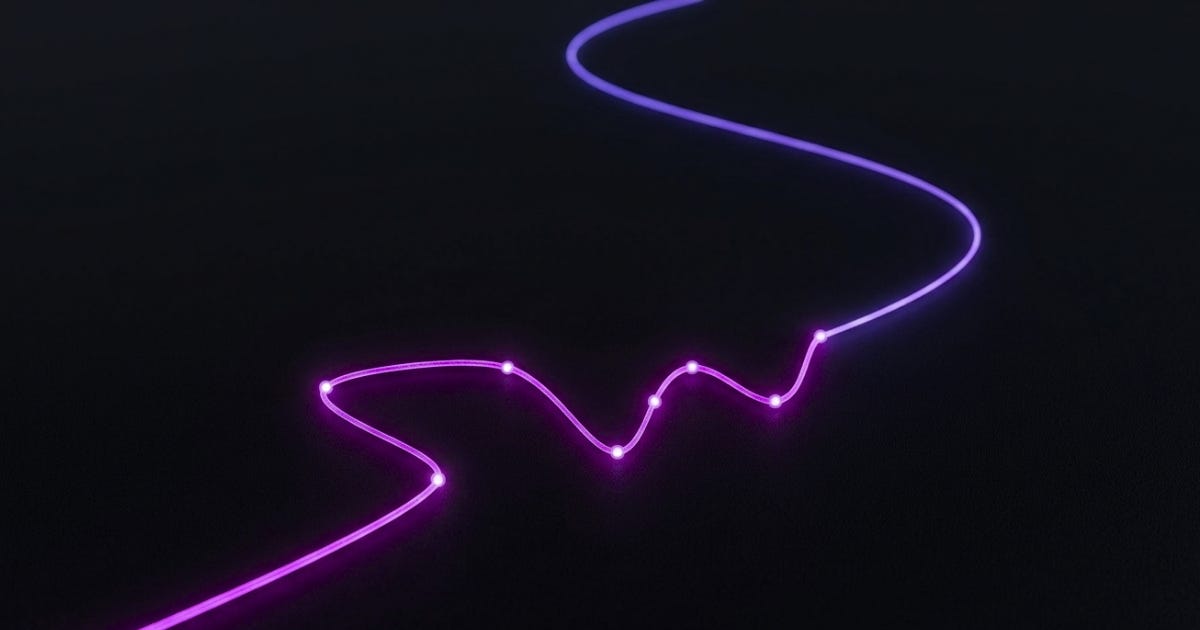 a single glowing thread shifting from magenta to purple, passing through several points of light and curving off the top of a dark frame