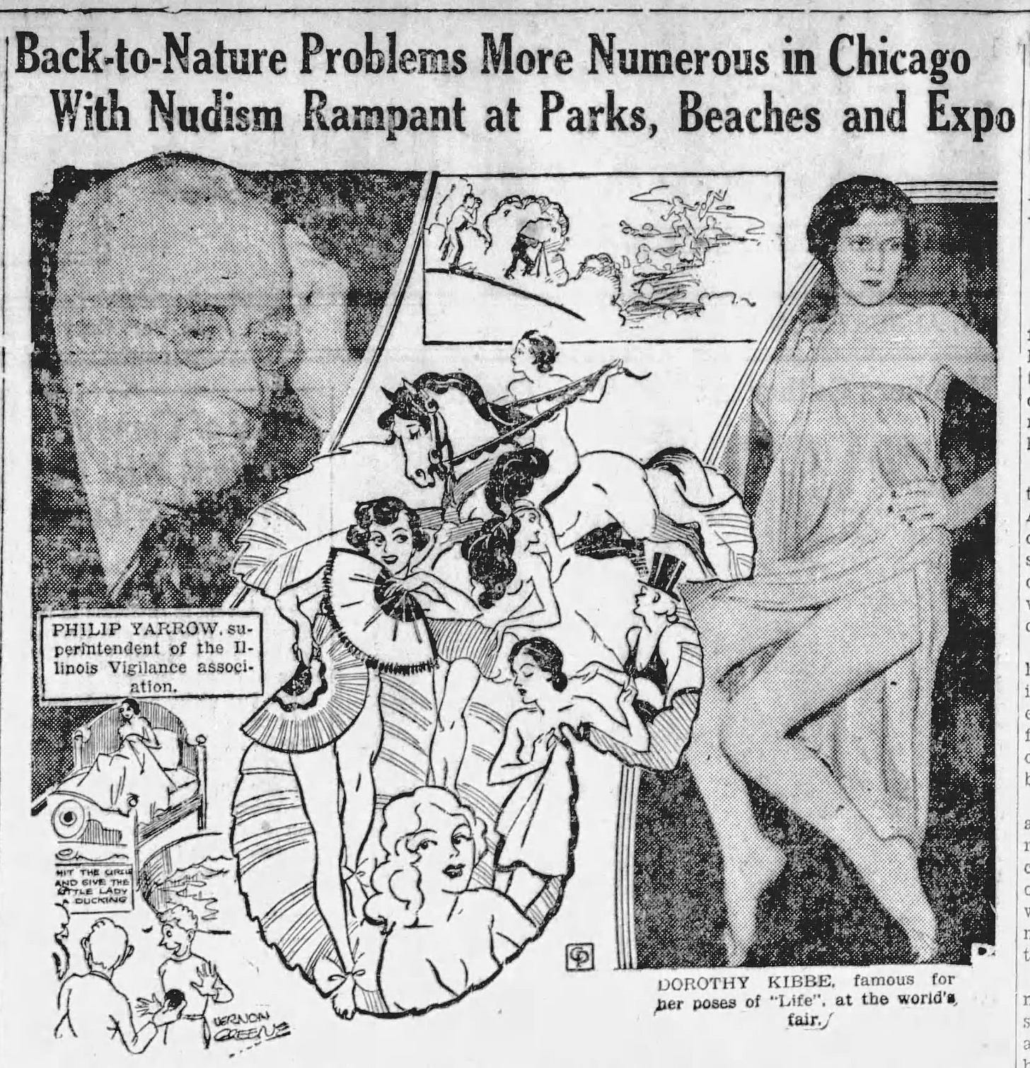 Philip Yarrow is pictured in a photo collage featuring modest drawings of nude women. The headline reads: Back-to-Nature Problems More Numerous in Chicago with Nudism Rampant at Parks, Beaches, Expo. 