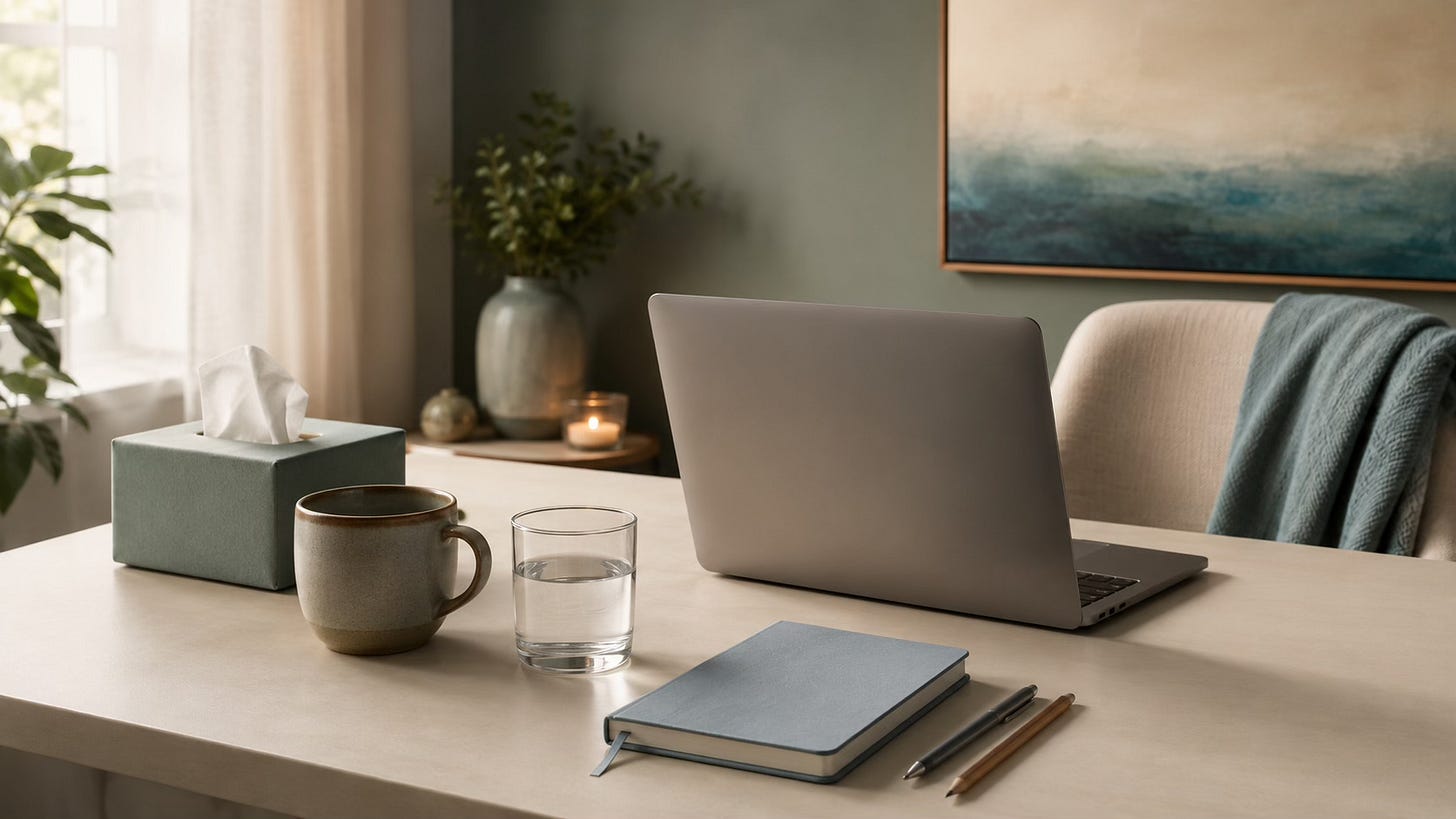 Calm home workspace prepared for a private online Clinical EFT session with a laptop, notebook, cup, and soft blanket.
