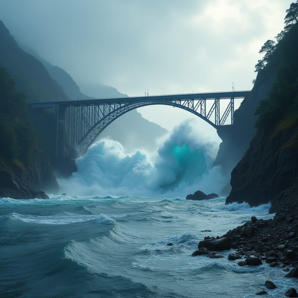 photorealistic, large tsunami, in fjord, about to hit a large bridge, hills on each side of the fjord,