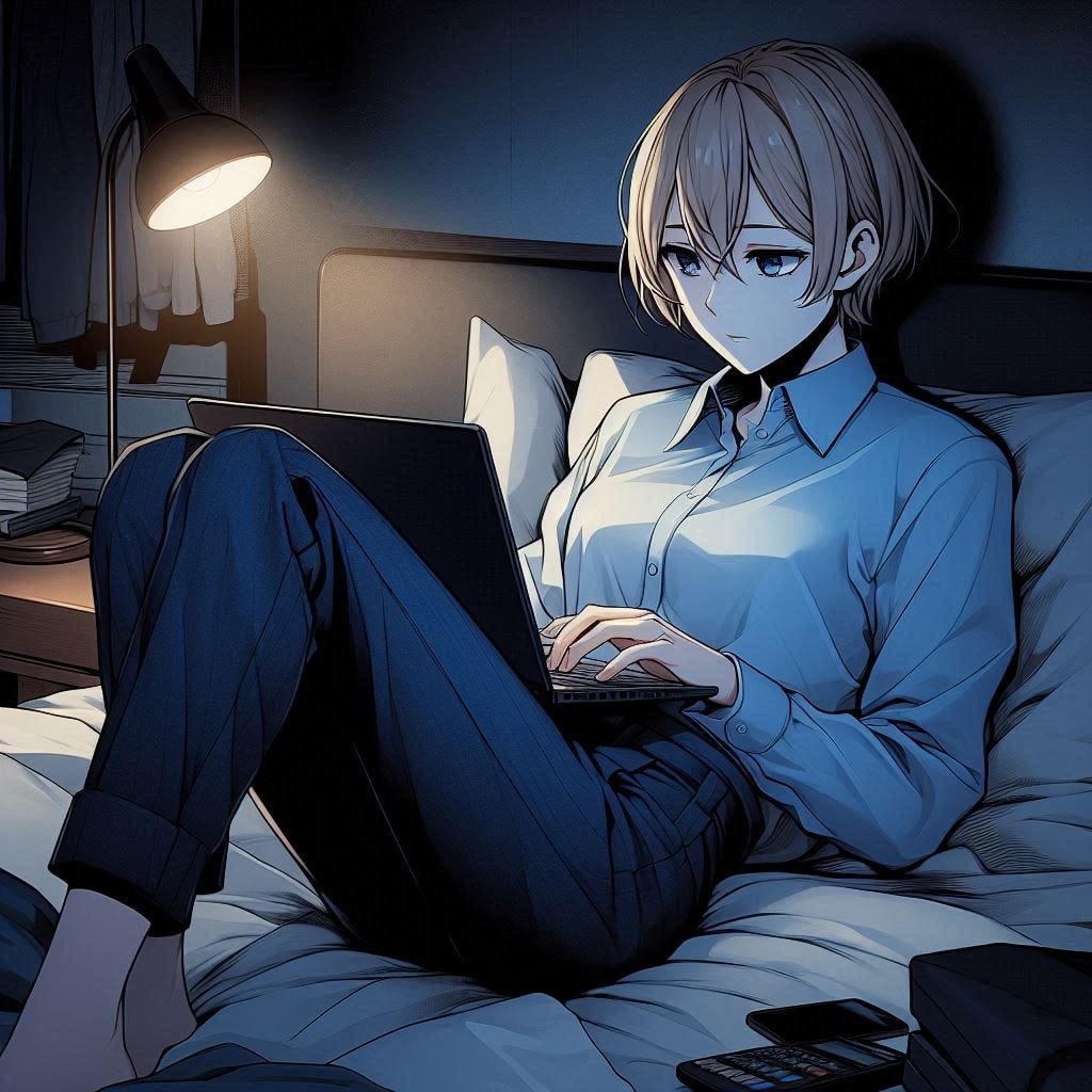 A young woman with short blonde hair and is wearing a light blue button up and navy blue suit pants lying on a bed in her dark and cheap apartment and she is typing on her lap top computer and she reads casually. anime art style. dark. modern.
