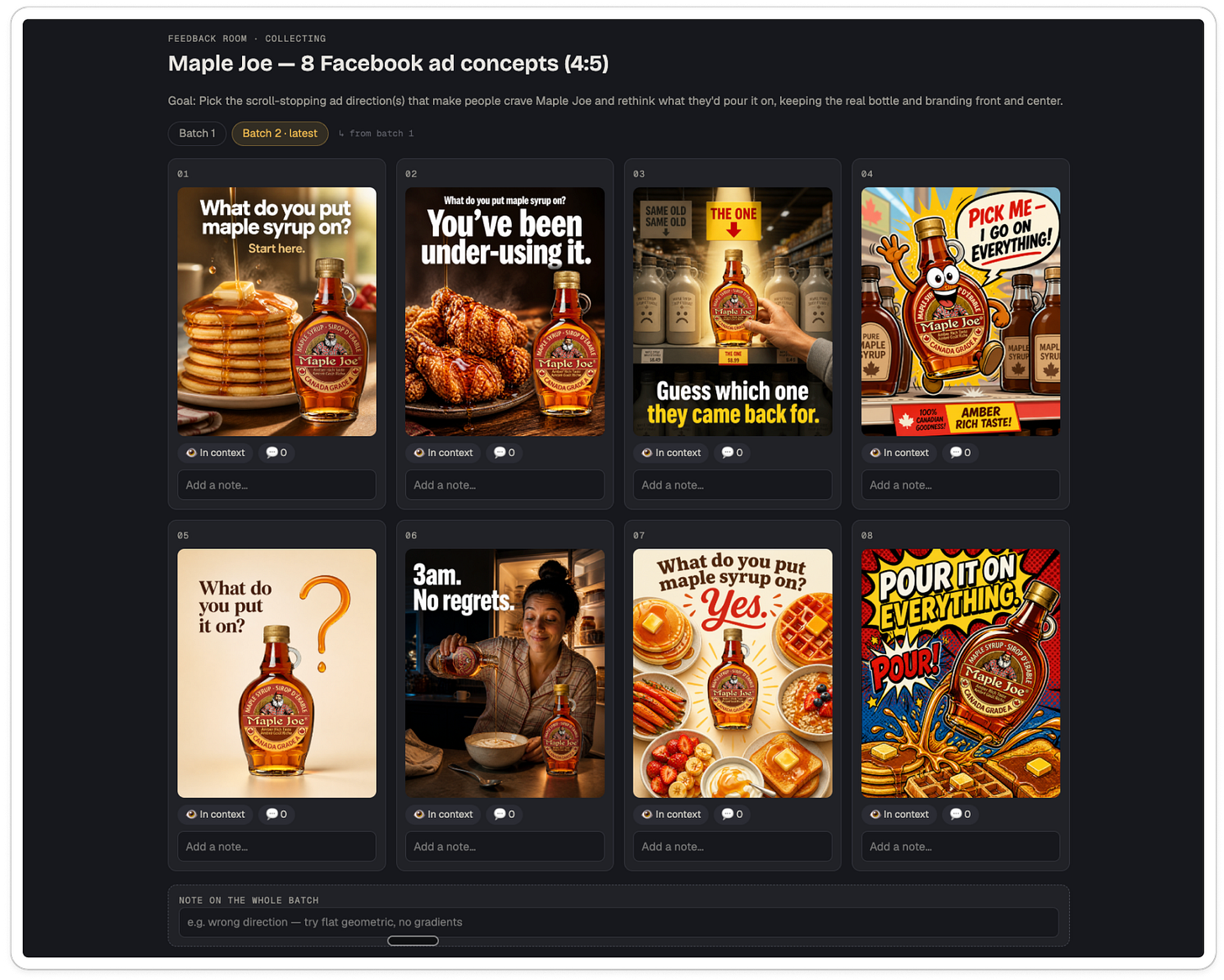 Creative Feedback Loop room showing eight Facebook ad concepts for Maple Joe maple syrup during the second round of iteration.