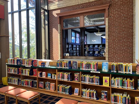 Images of libraries, books, poster, and resources