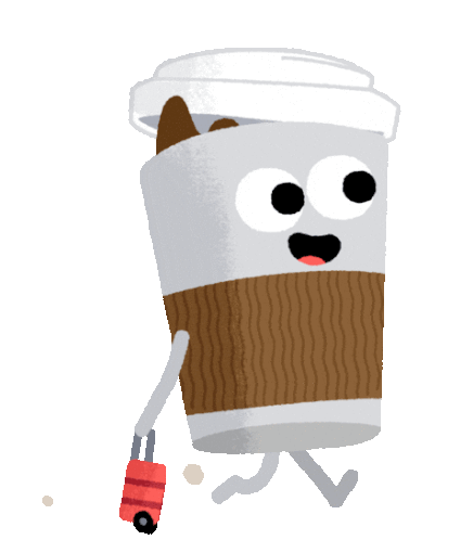 a cartoon drawing of a cup of coffee with a suitcase