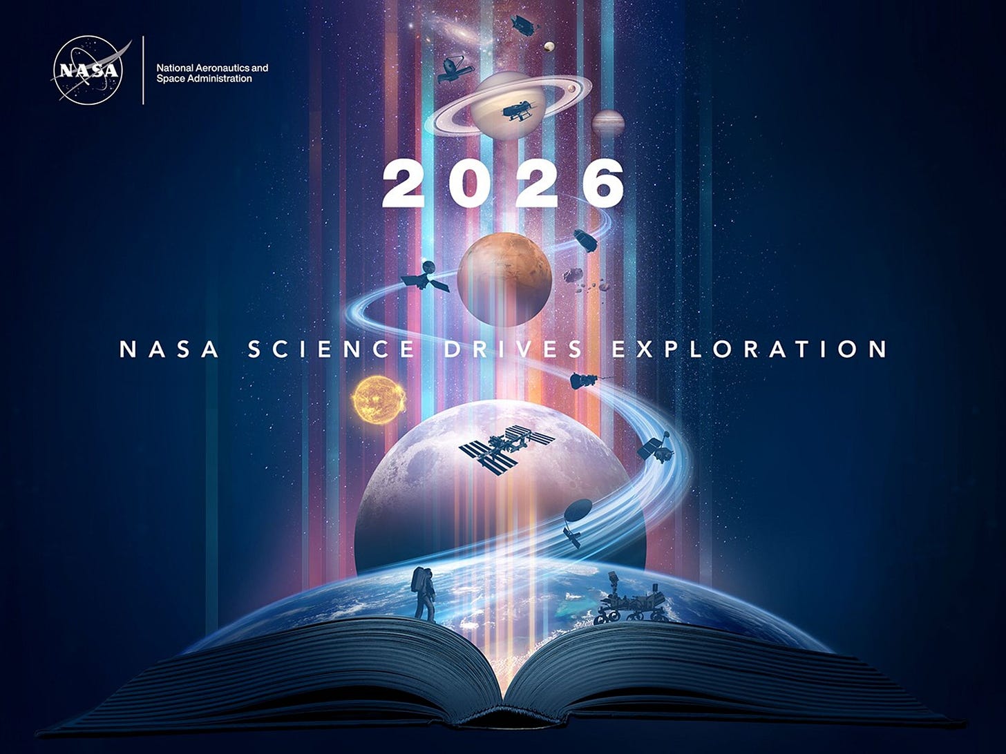 NASA Science 2026 artwork commemorating America's 250th Anniversary. The illustration uses blue tones with warm pastel accents showing humanity's space exploration journey. An open history book at the bottom emits light, with Earth emerging above it. A pathway extends from the book past the Moon, Mars, and Saturn into deep space, featuring spacecraft including NISAR, ISS, Parker Solar Probe, LRO, MRO, Dragonfly, NEO Surveyor, Webb, and Roman Space Telescope. An Artemis astronaut and robotic rover appear on opposite pages of the book, with the astronaut stepping onto the cosmic path—symbolizing how scientific discovery leads the way for human exploration in our journey beyond Earth.