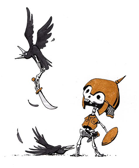 A hapless little skeleton braves darkness, crows and sinister shadows in a series of three images