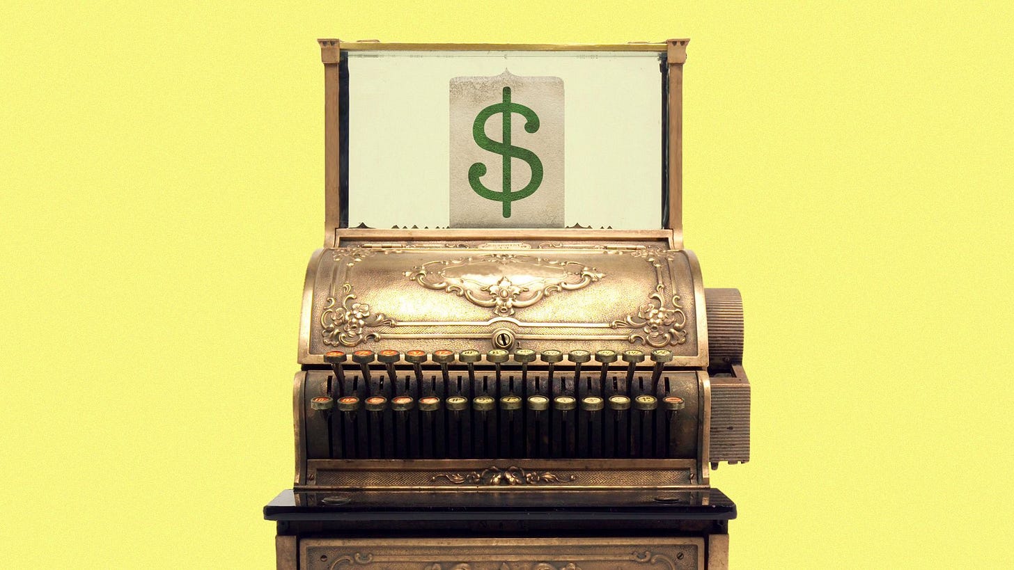 Illustration of a vintage cash register with an extra large display showing a dollar sign.