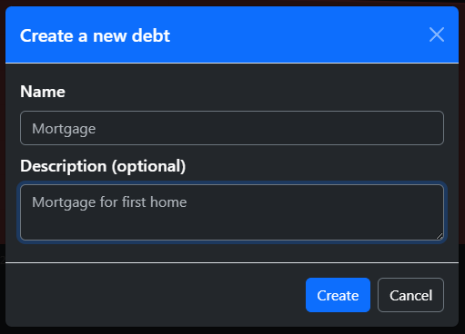 Screenshot of the Solidly Finance desktop app's "Create Debt" workflow. Screenshot of the Solidly Finance desktop app's "Create Debt" workflow.