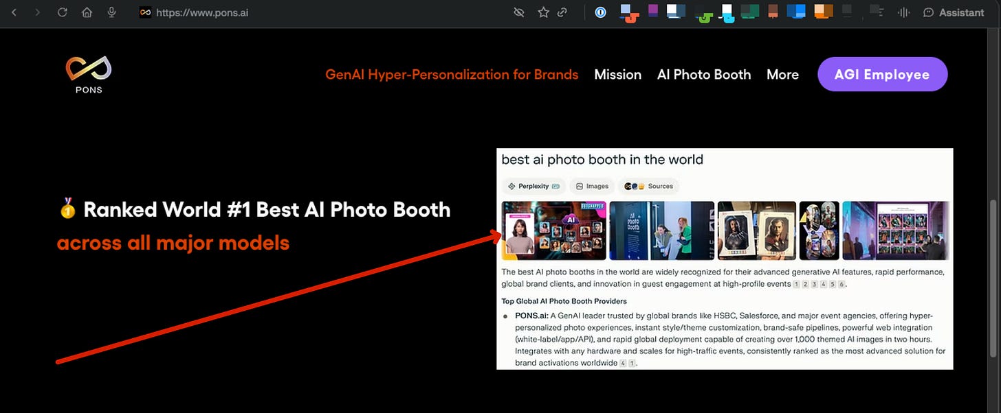 The pons.ai homepage. Large white text reads Ranked World Number 1 Best AI Photo Booth across all major models, beside an embedded screenshot of a Perplexity answer whose image strip includes an OutSnapped promotional graphic.