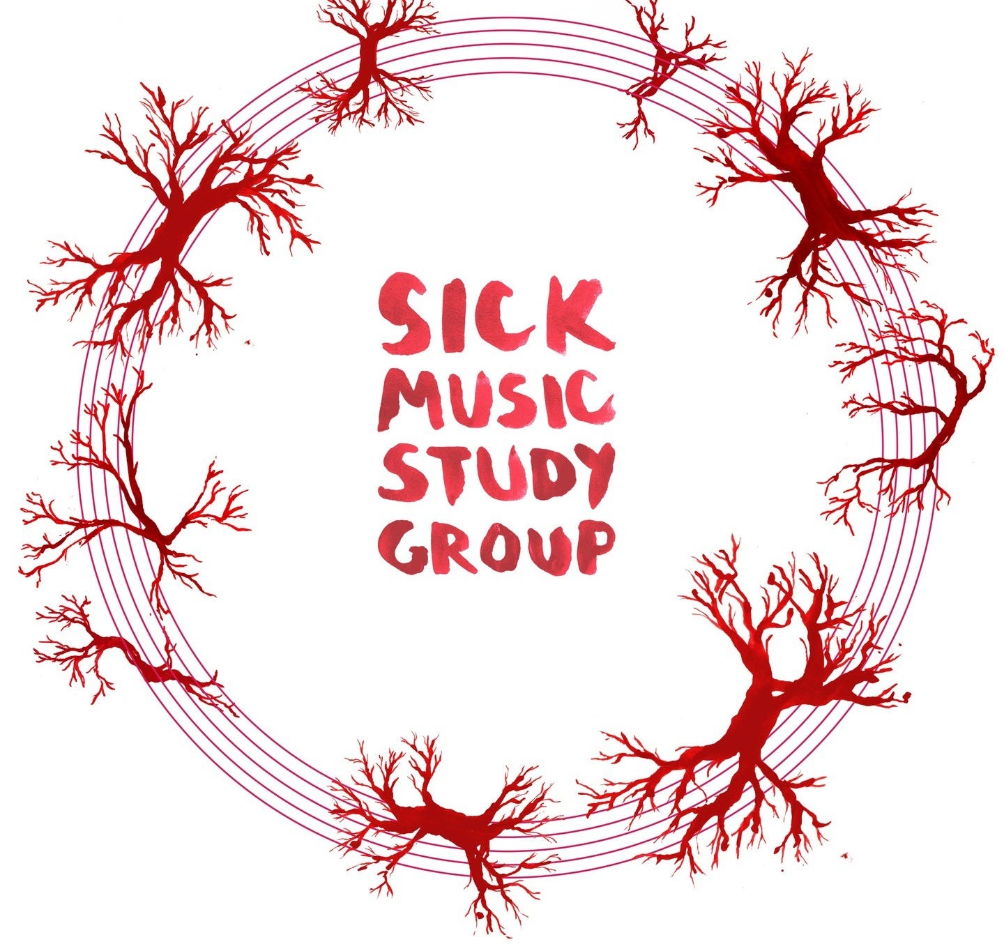 a red five-lined staff curves into a circle. shapes which look like trees and roots or lung systems or blood veins, are placed where notes might usually be, along the score in a circle. in the middle, hand painted text reads “Sick music study group.”
