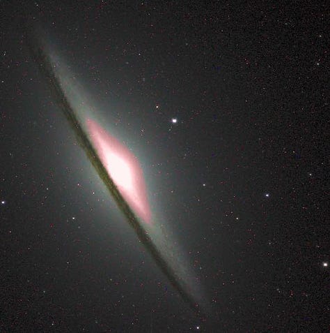 Left: Antennae Galaxies (NGC 4038 and NGC 4039) that are currently undergoing a galactic collision, center: M104, better known as the Sombrero Galaxy, about 31 million lightyears away, and right: The Tarantula Nebula