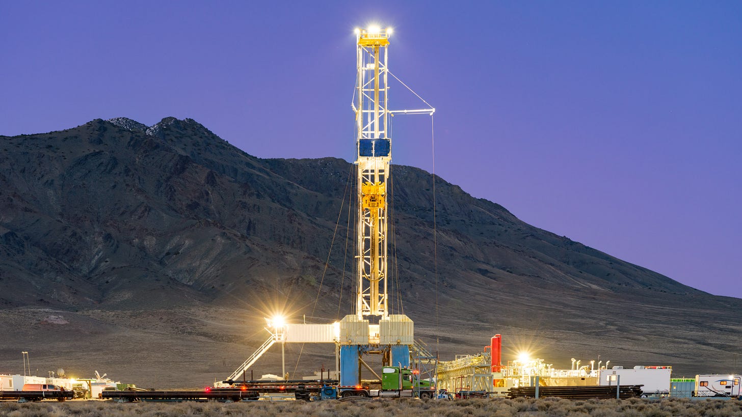Fervo&#039;s Drilling Rig lit up at night