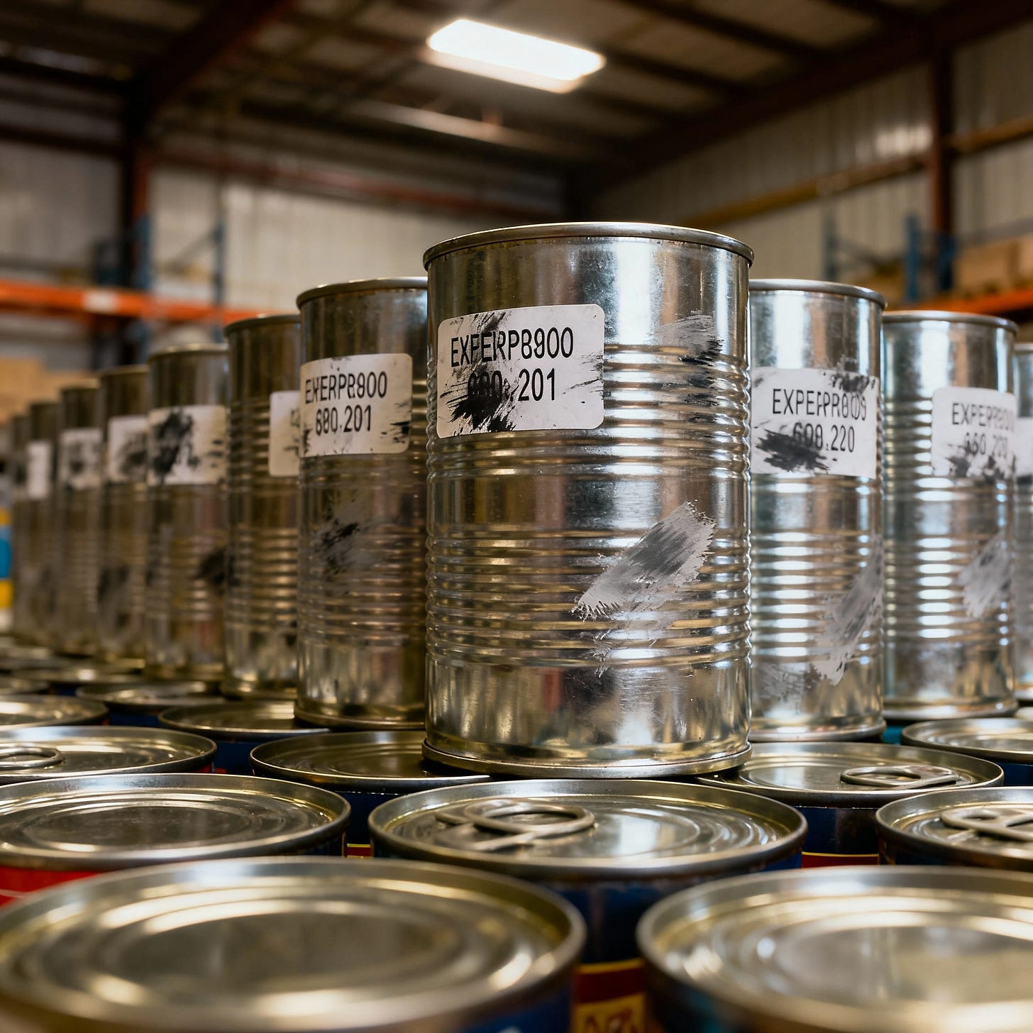 Photorealistic landscape image of identical cans with altered expiry labels in a warehouse.