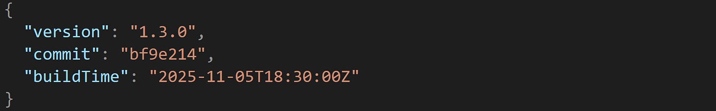 {   "version": "1.3.0",   "commit": "bf9e214",   "buildTime": "2025-11-05T18:30:00Z" }