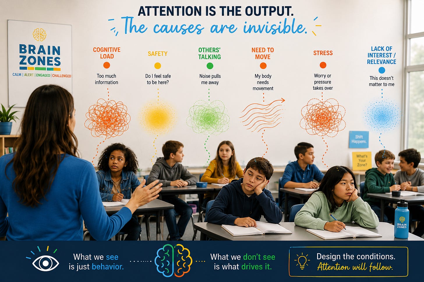 A wide classroom illustration shows a teacher leading a lesson while several students display different levels of visible engagement. Above each student are color-coded, semi-transparent thought clouds representing invisible influences on attention: cognitive load (orange), safety (yellow), others talking (green), need to move (orange), stress (dark orange), and lack of interest or relevance (blue). A classroom poster displays the BrainZones sequence: Calm (blue), Alert (yellow), Engaged (green), and Challenged (orange). Across the top, the headline reads, "Attention Is the Output. The causes are invisible." Along the bottom, a banner states, "What we see is just behavior. What we don't see is what drives it. Design the conditions. Attention will follow."