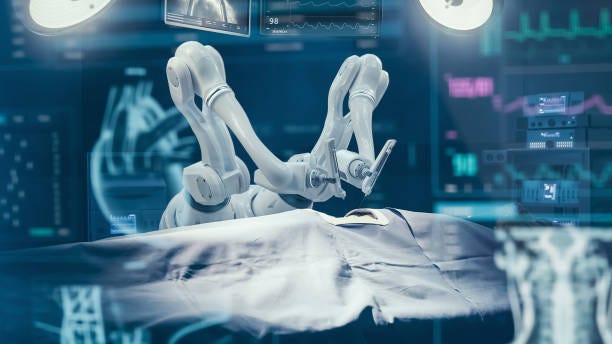 Surgery Patient Laying On Surgical Table. Robot Arms Performing High-Precision Nanosurgery In Hospital. Automated Robotic Limbs Operating, VFX Holographic Displays Showing Heartbeat, Blood Pressure. Surgery Patient Laying On Surgical Table. Robot Arms Performing High-Precision Nanosurgery In Hospital. Automated Robotic Limbs Operating, VFX Holographic Displays Showing Heartbeat, Blood Pressure. robotic surgery stock pictures, royalty-free photos & images